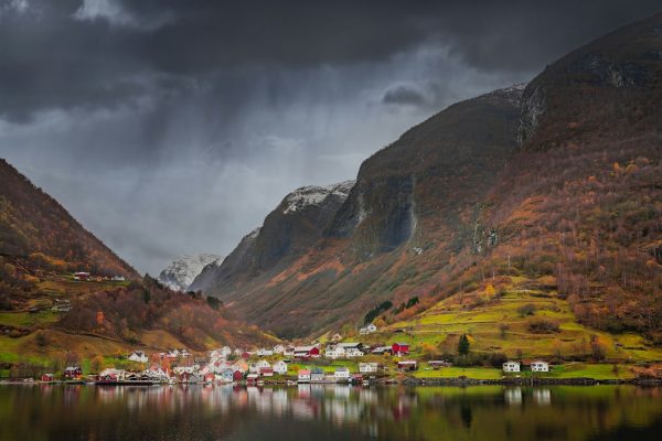 Small homes on the shore of a fjord