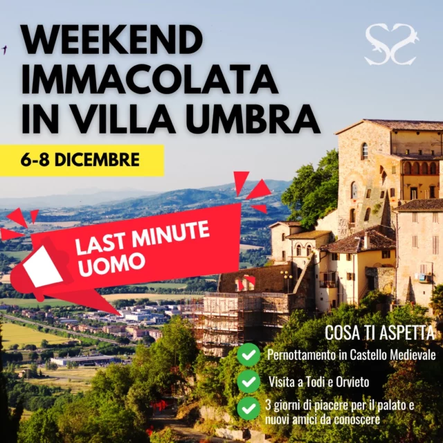 💥LAST MINUTE UOMO💥
#WEEKEND #IMMACOLATA IN #UMBRIA 
Un #weekend di svago, fatto di piacere per il palato, nuove conoscenze, visite guidate alle città di #Todi e #Orvieto, il calore e l'eleganza di un bellissimo Castello Medievale 4**** che ci ospiterà in formula mezza pensione e la spensieratezza di non dover organizzare nulla.

A tutto penserà il nostro Tour Leader che più che Tour sarà un vero e proprio Group Leader 😉
Obiettivo? Stupirti piacevolmente!
Se vuoi maggiori info contattaci ⬇ oppure scrivici in direct o commenta il post qui sotto con INFO

☎️ 06 94803505
📲 347 0059433 (anche WhatsApp)
📧 info@singleup.it

.
.
.
.
.

#SINGLEUP VIAGGI DI GRUPPO PER SINGLE OVER 50

#agenziaviaggi #viaggidigruppo #viaggiorganizzati #weekendfuoriporta #weekendfuori #weekendinumbria #umbrialover #umbrialovers #castelliitaliani #castelliumbri #viaggipersingle #singleover50 #over50