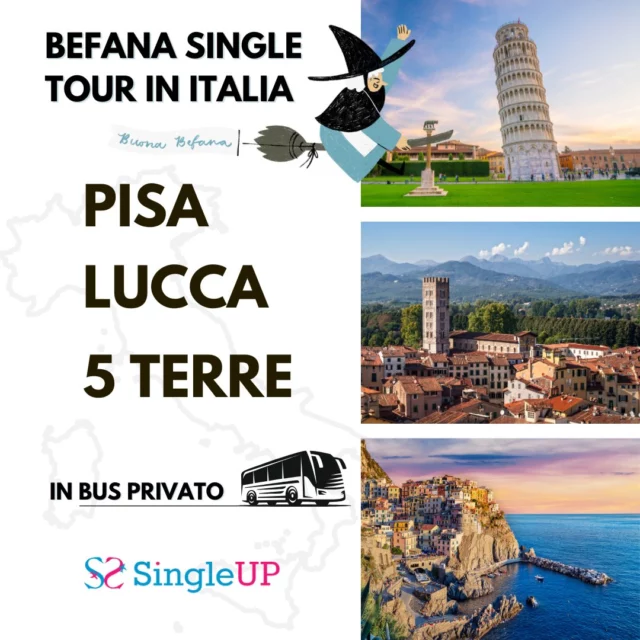 Uno dei nostri Tour in Italia più apprezzati ve lo proponiamo proprio con l'inizio del nuovo anno.

Visto che la Befana arriva lunedì noi ci ritroviamo a partire da venerdì 3 gennaio a #Montecatini Terme, in uno splendido hotel 4****. Da lì partiremo ogni giorno con il nostro Tour Leader, in bus privato targato #SingleUp, alla scoperta di Pisa, Lucca e dei meravigliosi borghi che compongono le tanto amate Cinqueterre, Patrimonio Unesco.

1 solo giorno di ferie per godere di 4 giorni (3 notti) visitando paesi e città meravigliose in in compagnia di un gruppo di amici single over 50.

💥 ULTIMI POSTI IN #OFFERTA #PRENOTAPRIMA 💥

Per sapere tutti i dettagli commentate con INFO il post qui sotto 👇

.
.
.
.
.

#SingleUp #agenziaviaggi #viaggidigruppo #viaggiinitalia #viaggiorganizzati #weekendfuoriporta #weekendfuori #weekendinitalia #meteinitalia #cinqueterre #patrimoniounesco #tourinitalia #touritalia #befana #epifania
